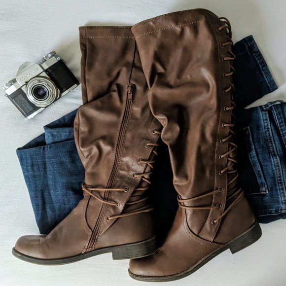 JustFab Shoes - JustFab Quinta Brown Boots Lace Up Back